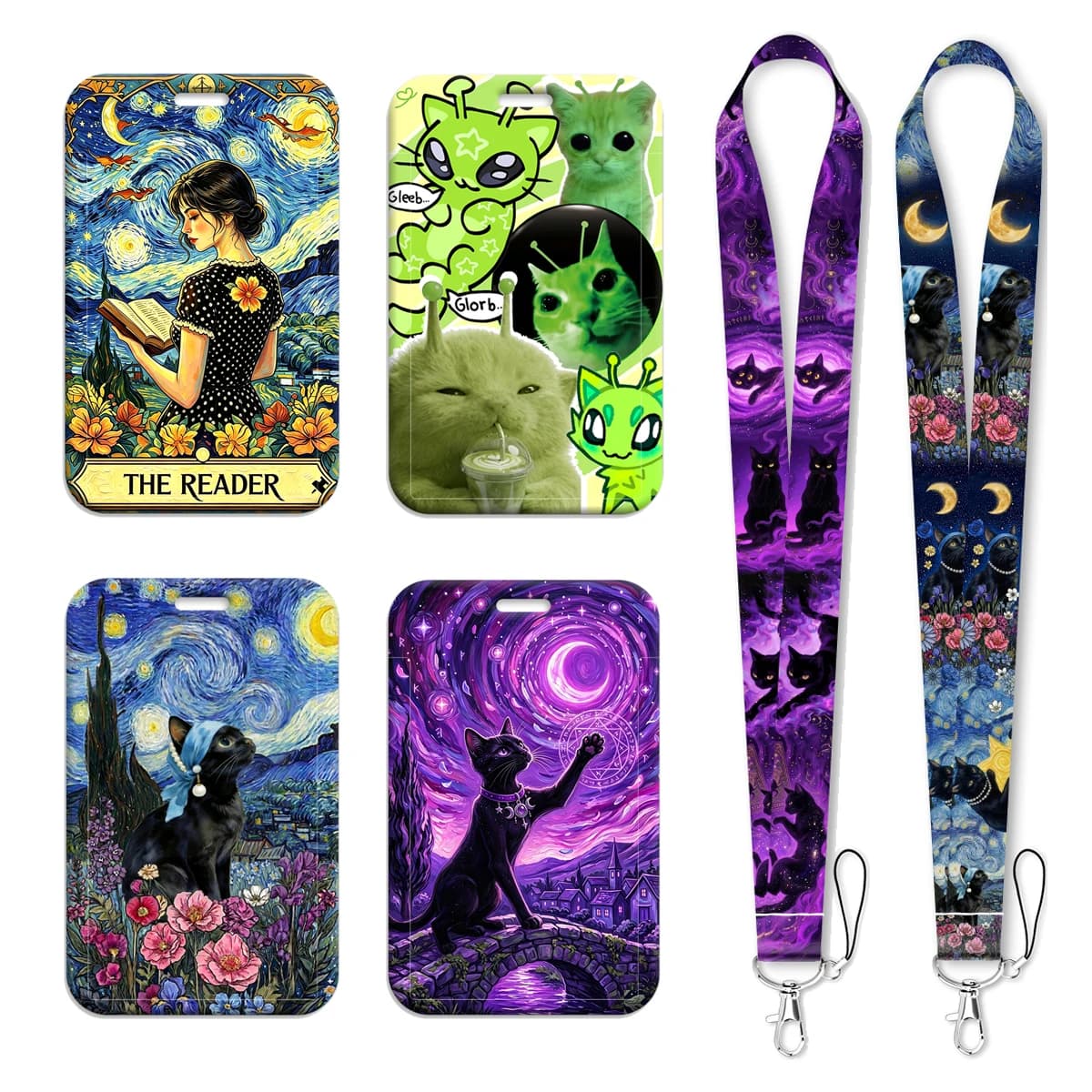 Oil Painting Alien Cat Lanyards Keychain Badge Holder ID Credit Card Pass Hang Rope Lariat Lanyard for Keys Accessories Gifts