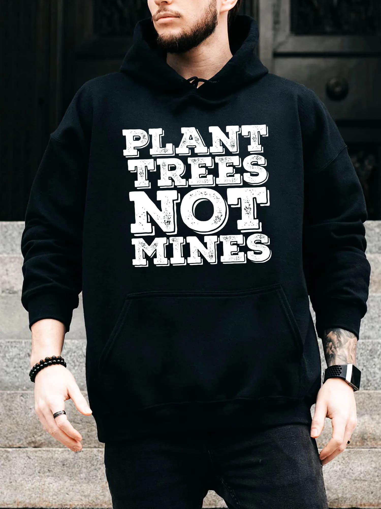 Felpa con cappuccio da uomo con coulisse Plant Trees Not Mines - Pullover nero casual e confortevole, felpa con cappuccio autunno e inverno