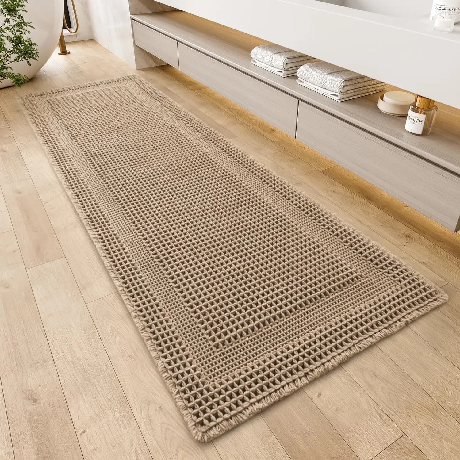 Tappetino da Bagno Effetto Waffle, Assorbente Antiscivolo Lavabile in Lavatrice con Nappe, Design Boho Ultra Morbido, 60x180 cm Beige