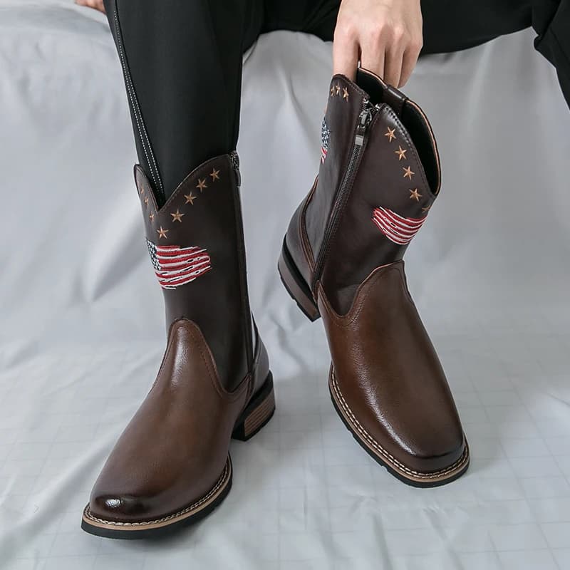 Stivali da cavaliere da uomo da cowboy occidentale Stivali da uomo alti con tacco basso in PU con testa quadrata e cerniera laterale