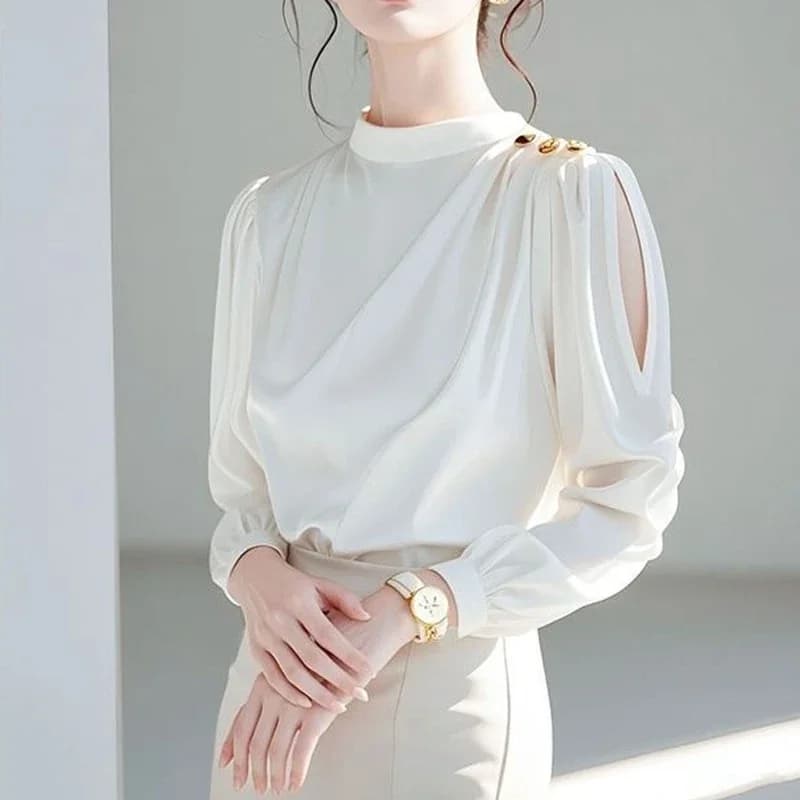 Elegante camicetta bianca scavata primavera autunno nuova manica lunga bottone solido patchwork camicetta moda temperamento abbigliamento donna