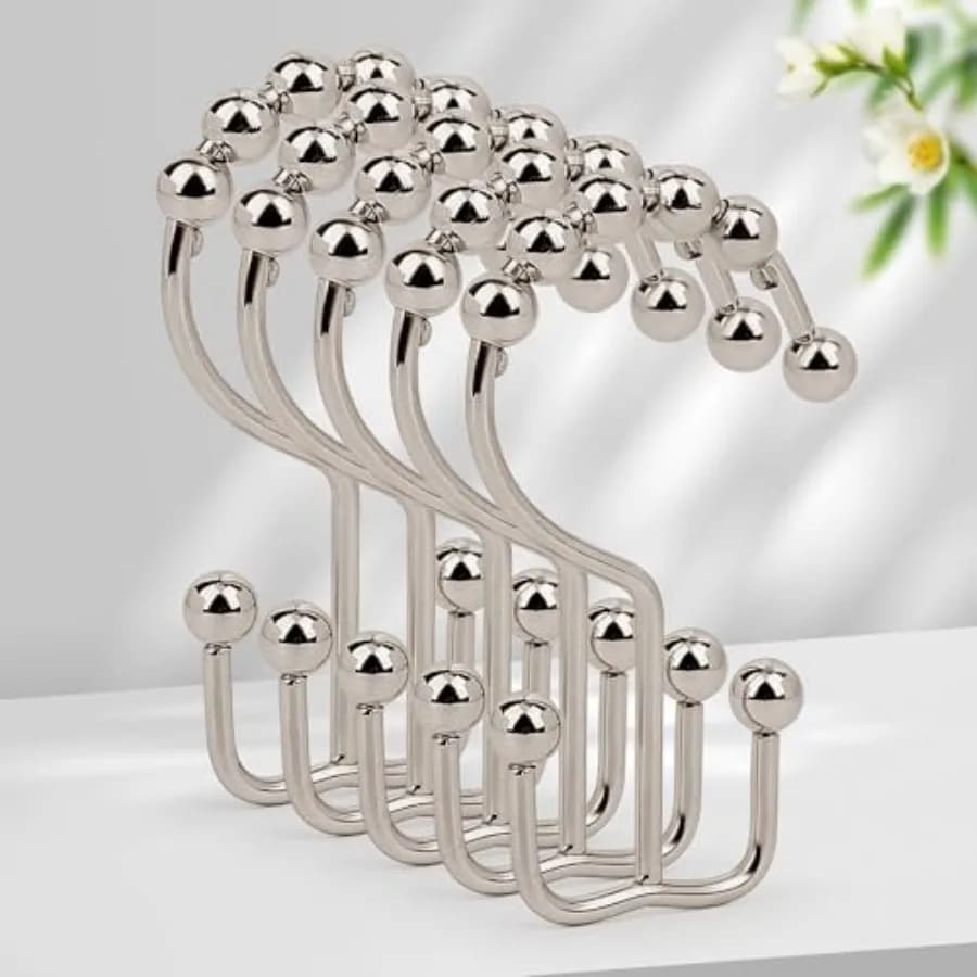 Shower Curtain Hooks, Metal Double Shower Curtain Rings, 12 Pcs Glide Roller Shower Hooks, Rust-Resistant Anti-Drop Shower Ring