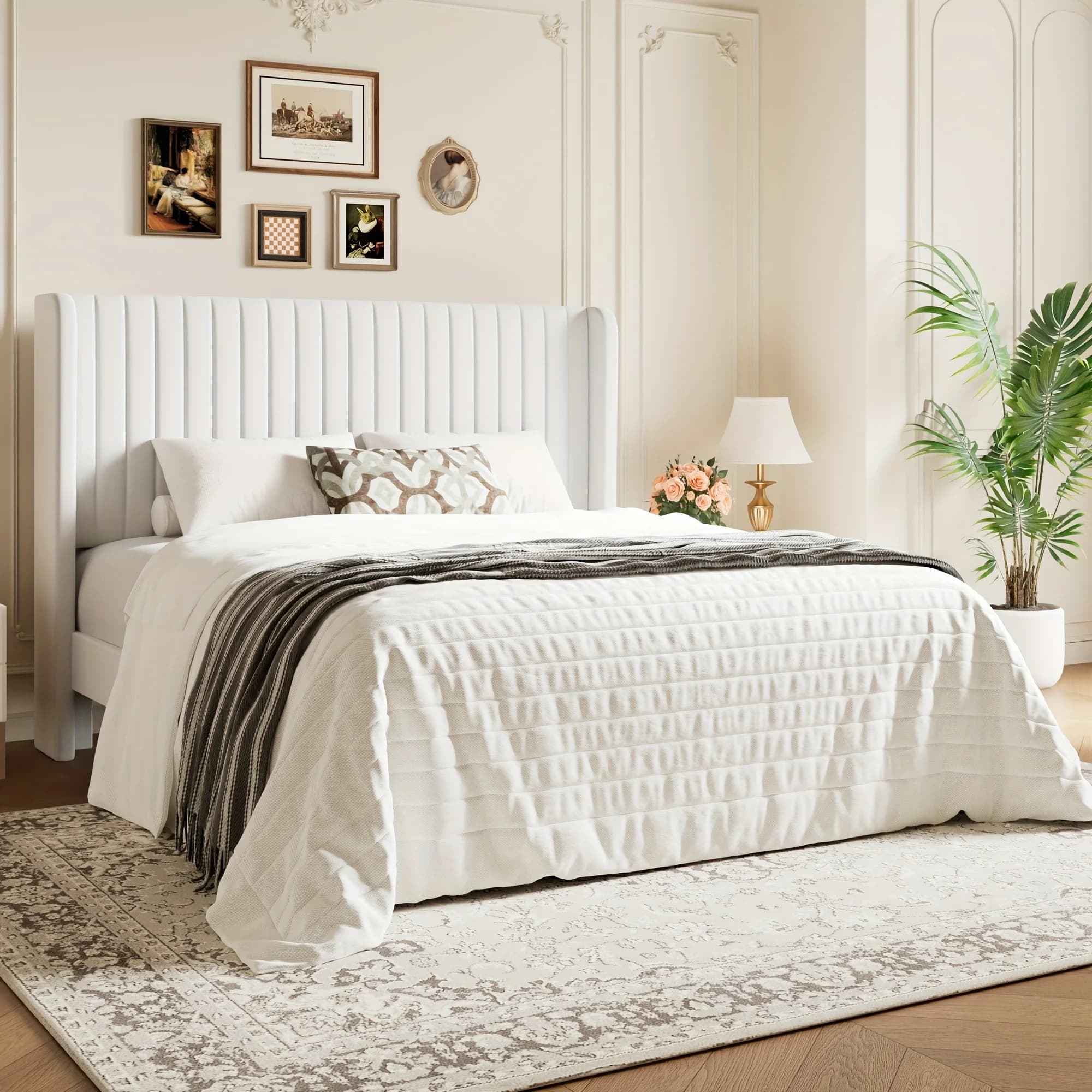 WEEWAY Letto con piattaforma imbottita in velluto Wingback, testiera trapuntata con canali verticali, supporto a doghe in legno, materasso resistente