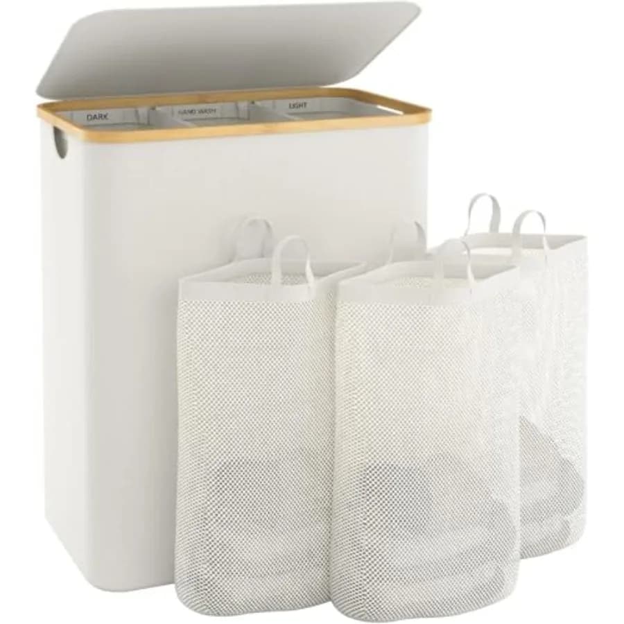 Extra large 3 compartment dirty linen basket with lid and removable bags for bedroom and laundry