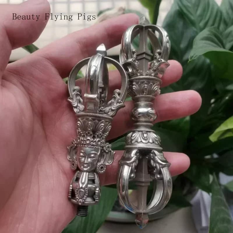 1PCS Craftsmanship Tibetan White Copper Diamond Bell and pestle Precision Nine Leg Bell Feng Shui Ornament