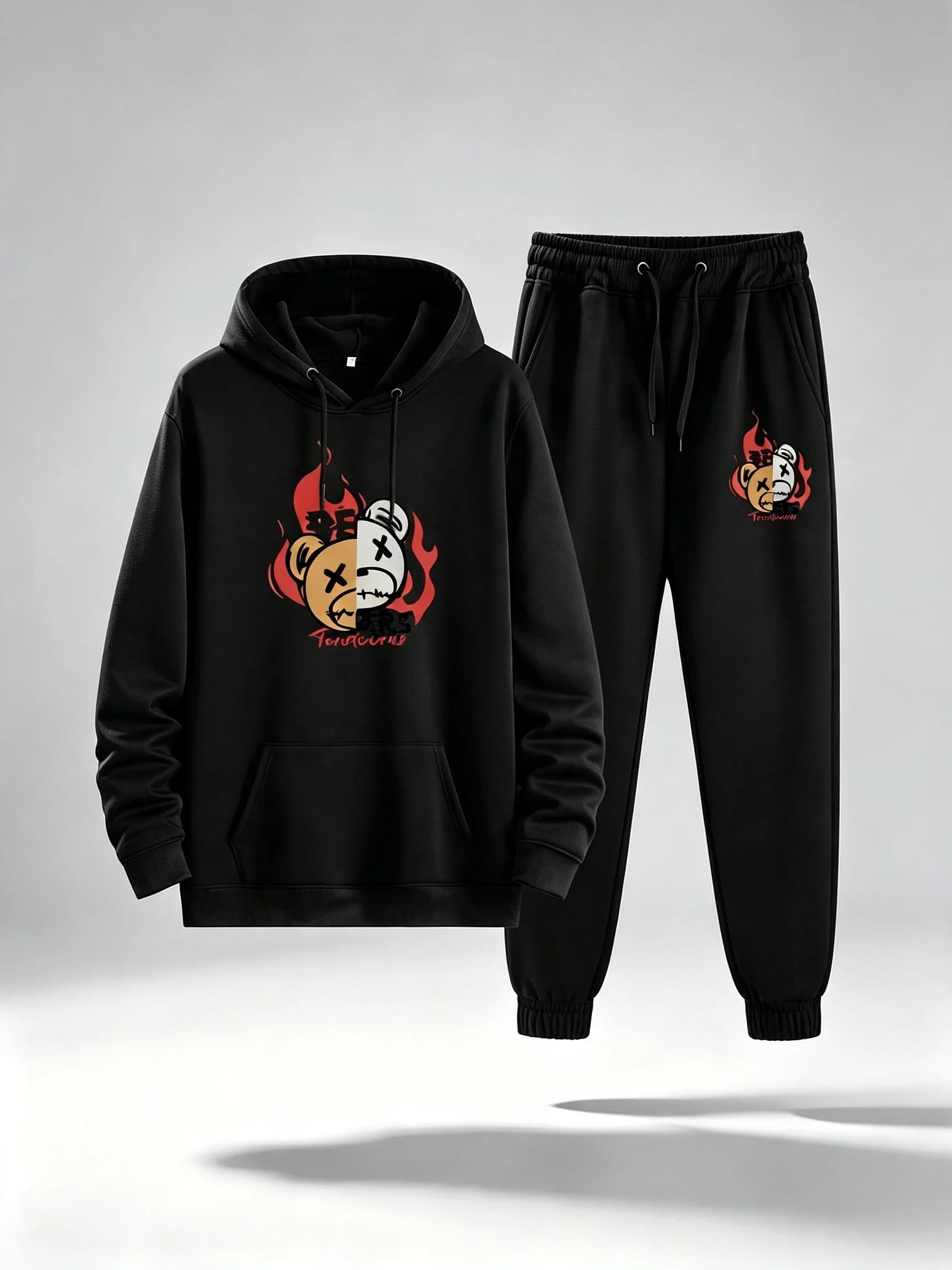 2026 Men's Bear Pattern Hooded Sweatshirt and Jogging Pants Set, Trendy Elasticated Sports Wear