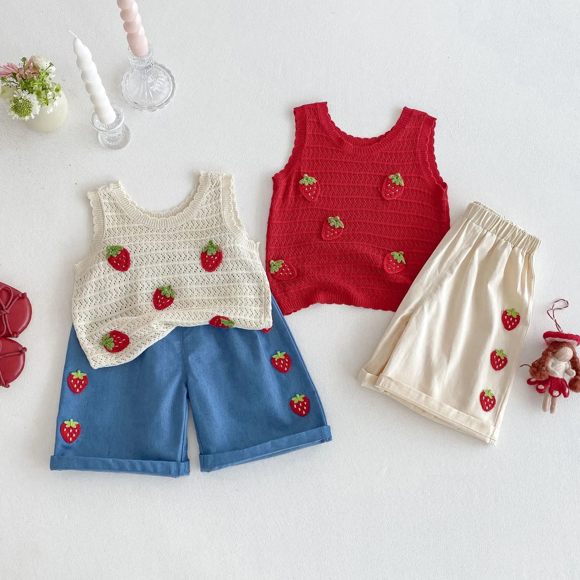 Summer Casual Kids Strawberry Embroidery Set Viscose Knitted Hollow Out Sleeveless Top & Cotton Polyester Straight Leg Shorts