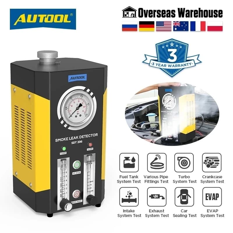 AUTOOL SDT206 Smoke Leak Detector DC 12V Car Intake Pipe Leakage Sealing Evap Smoke Tester Machine Automotive Diagnostic Tool