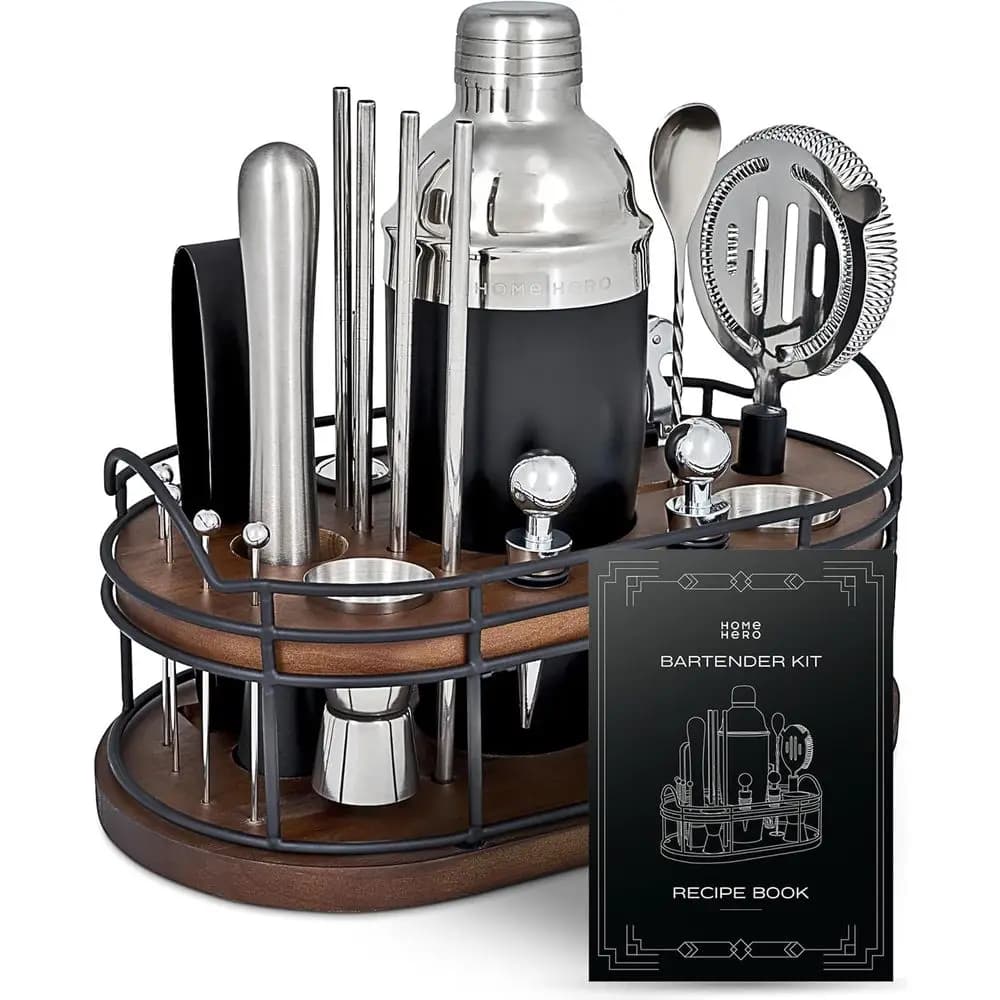 Set da Barman - Kit Cocktail da 22 Pezzi con Shaker e Attrezzi da Bar - Espositore in Legno e Accessori per Carrello Bar - Libro di Ricette e Regalo di Benvenuto