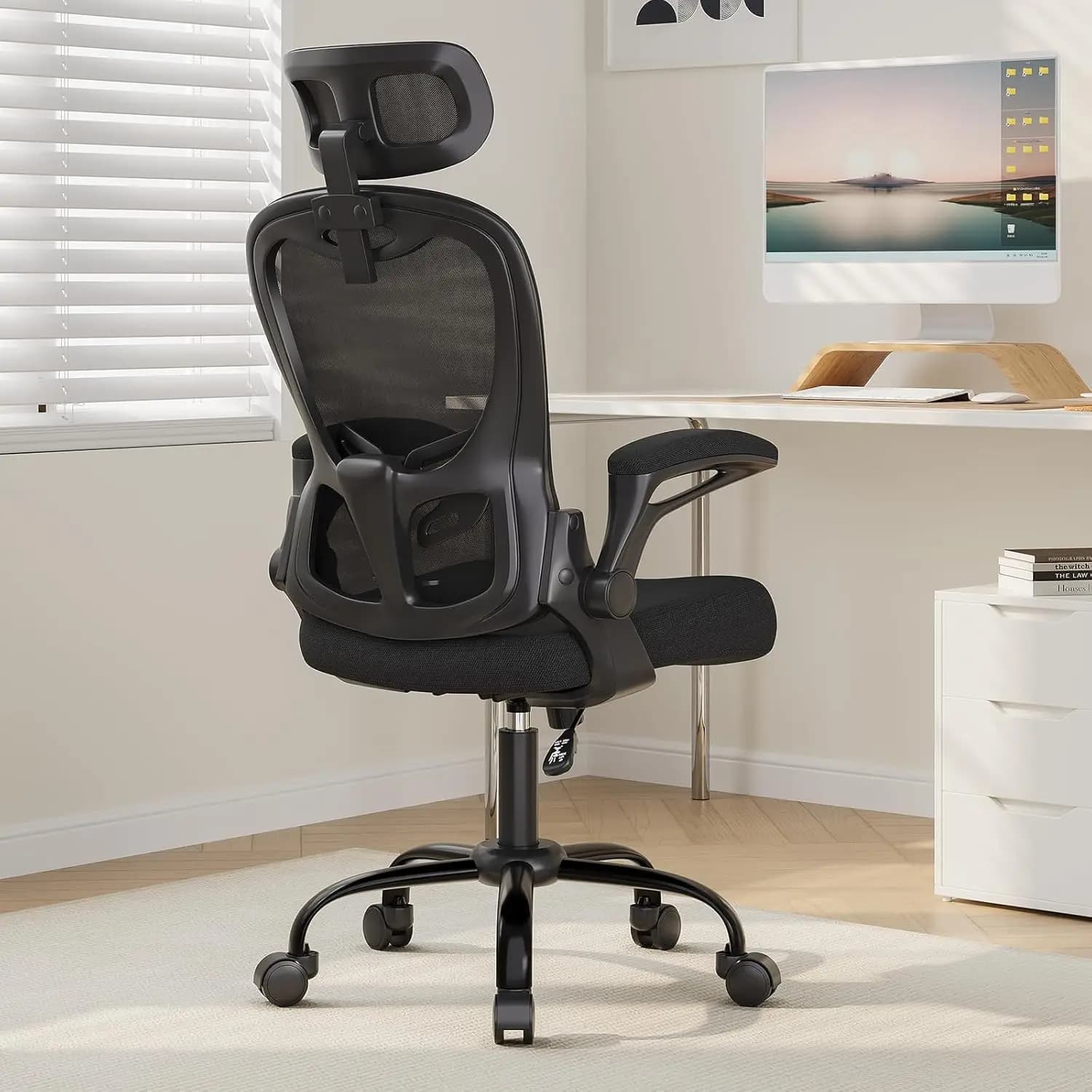 Sedia da ufficio ergonomica con schienale alto, 330 libbre, supporto lombare, braccioli ribaltabili, sedia da lavoro girevole