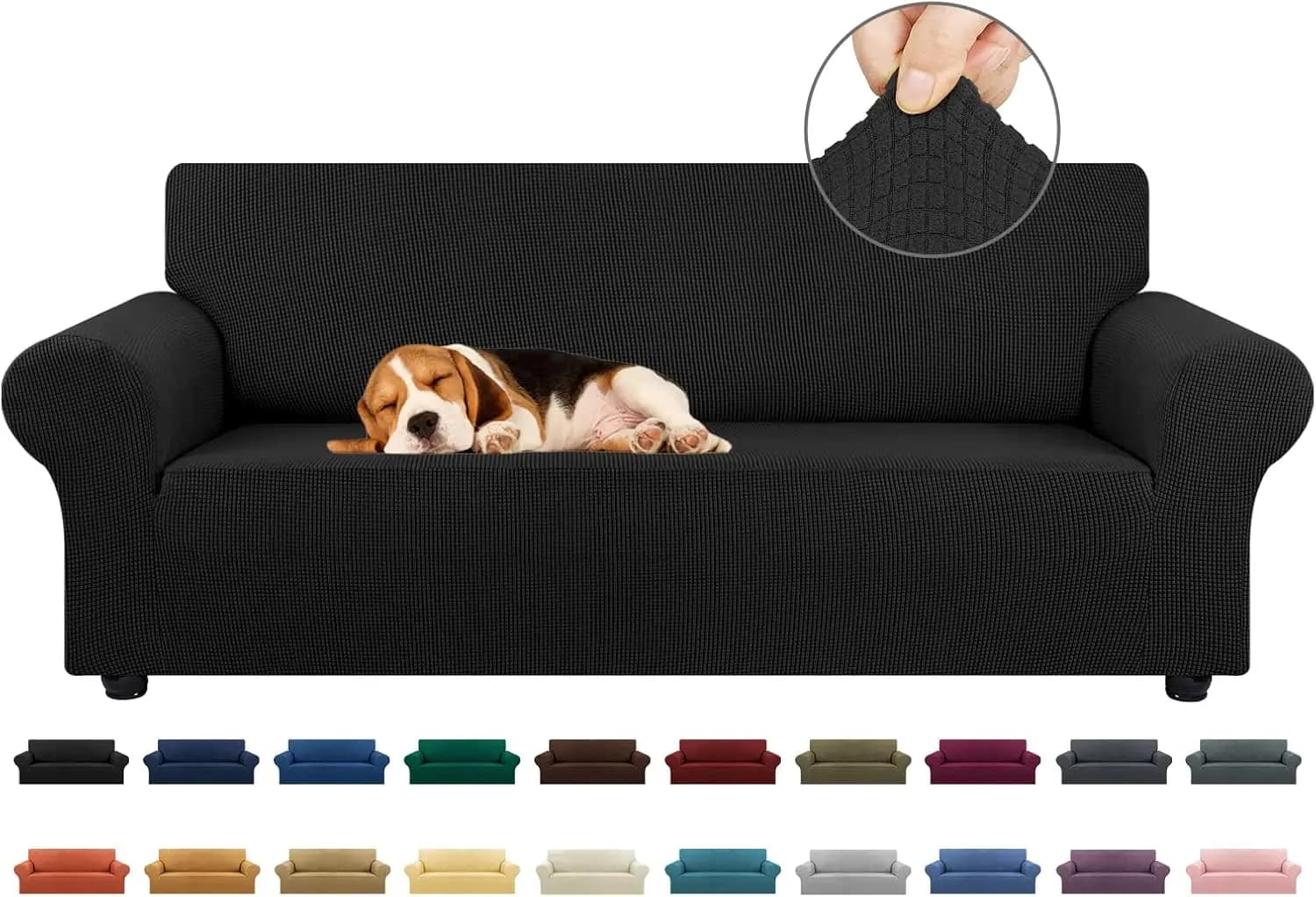 Copridivano Elasticizzato per Divano a 3 Cuscini, Protezione per Mobili Resistente agli Animali Domestici con Fondo Elastico (78"-94", Nero)