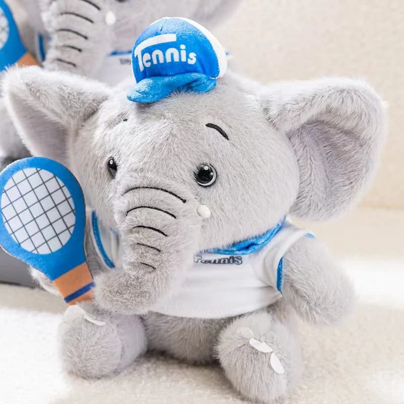 Peluche di Elefante Grigio con Attrezzatura da Tennis, Stile Atletico, Morbido Pupazzo Imbottito, Regalo Divertente per Ragazze e Ragazzi