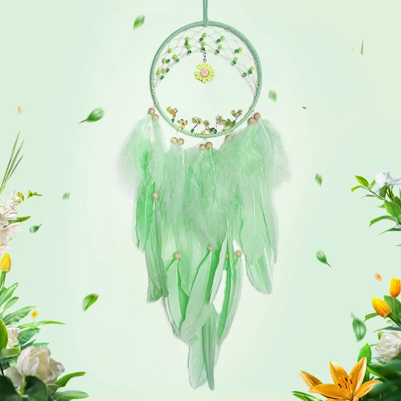 Green Feather Dream Catcher Wind Chimes Living Room Bedroom Hanging Ornaments Little Daisy Hand-woven Wall Decor Festival Gifts