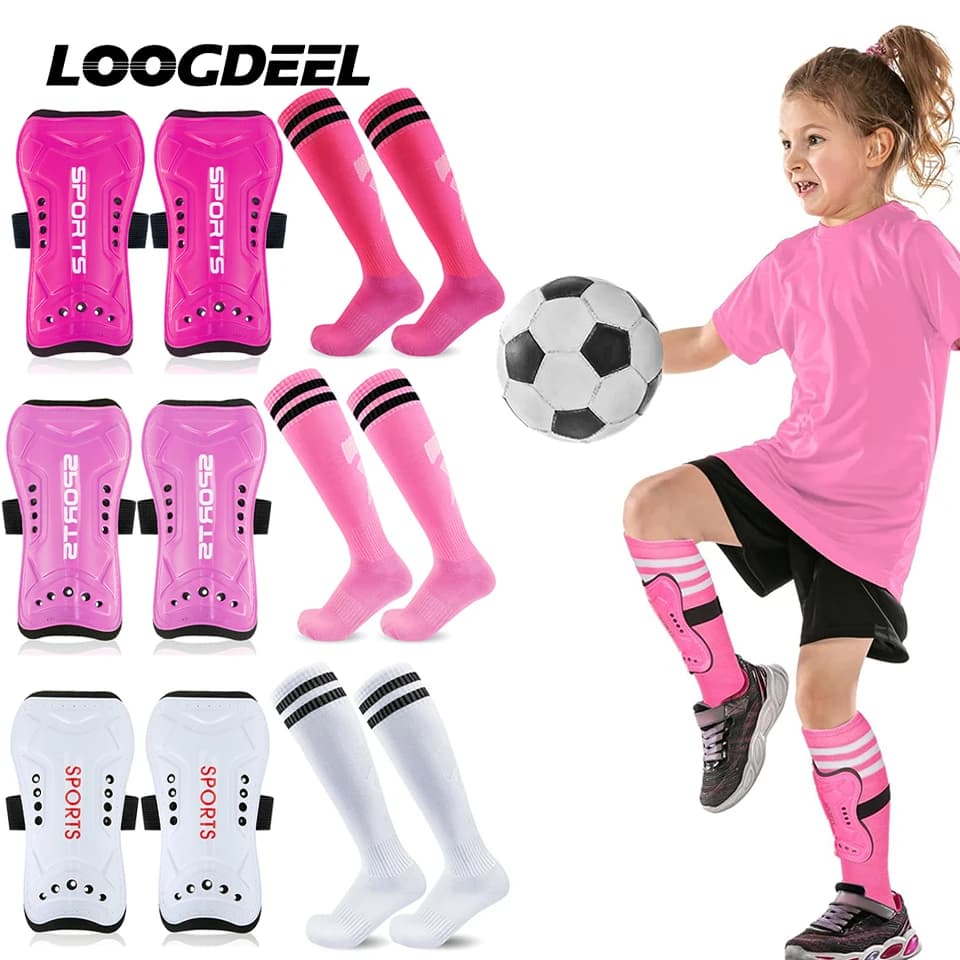 Loogdeel 2 paia ragazzi ragazze calcio protezione parastinchi set calzini sportivi calcio per bambini calzini sopra il ginocchio legging supporto guardia bambino
