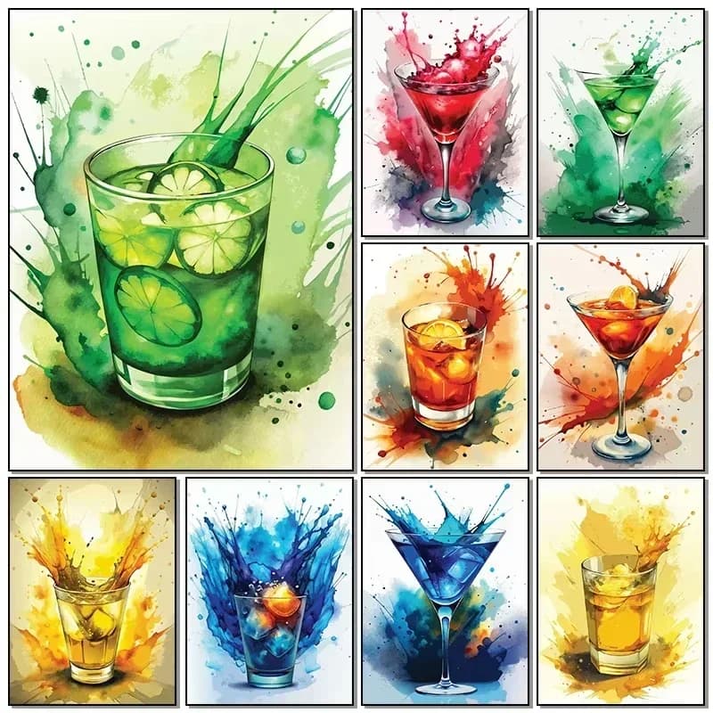 Poster Diamond Paintings Stampe HD Artistiche ad Acquerello a Tema Cocktail per Pareti di Bar, Ristoranti Occidentali, Soggiorni e Decorazioni per la Casa