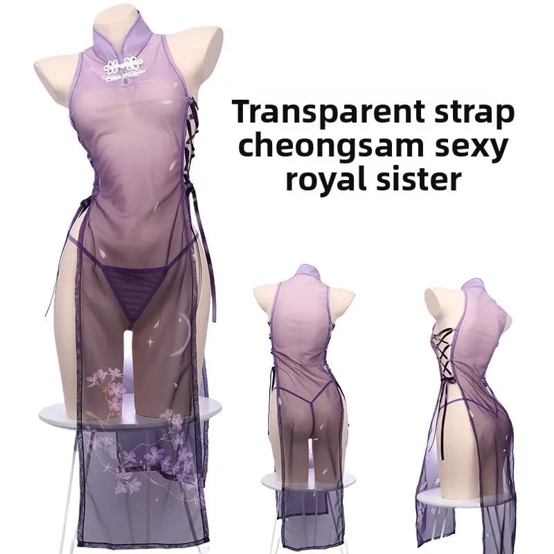 Nightclub Sexy Pure Desire Split Transparent Mesh Qipao Uniform Seductive Private Dress Set with Belt for Women's Fashion