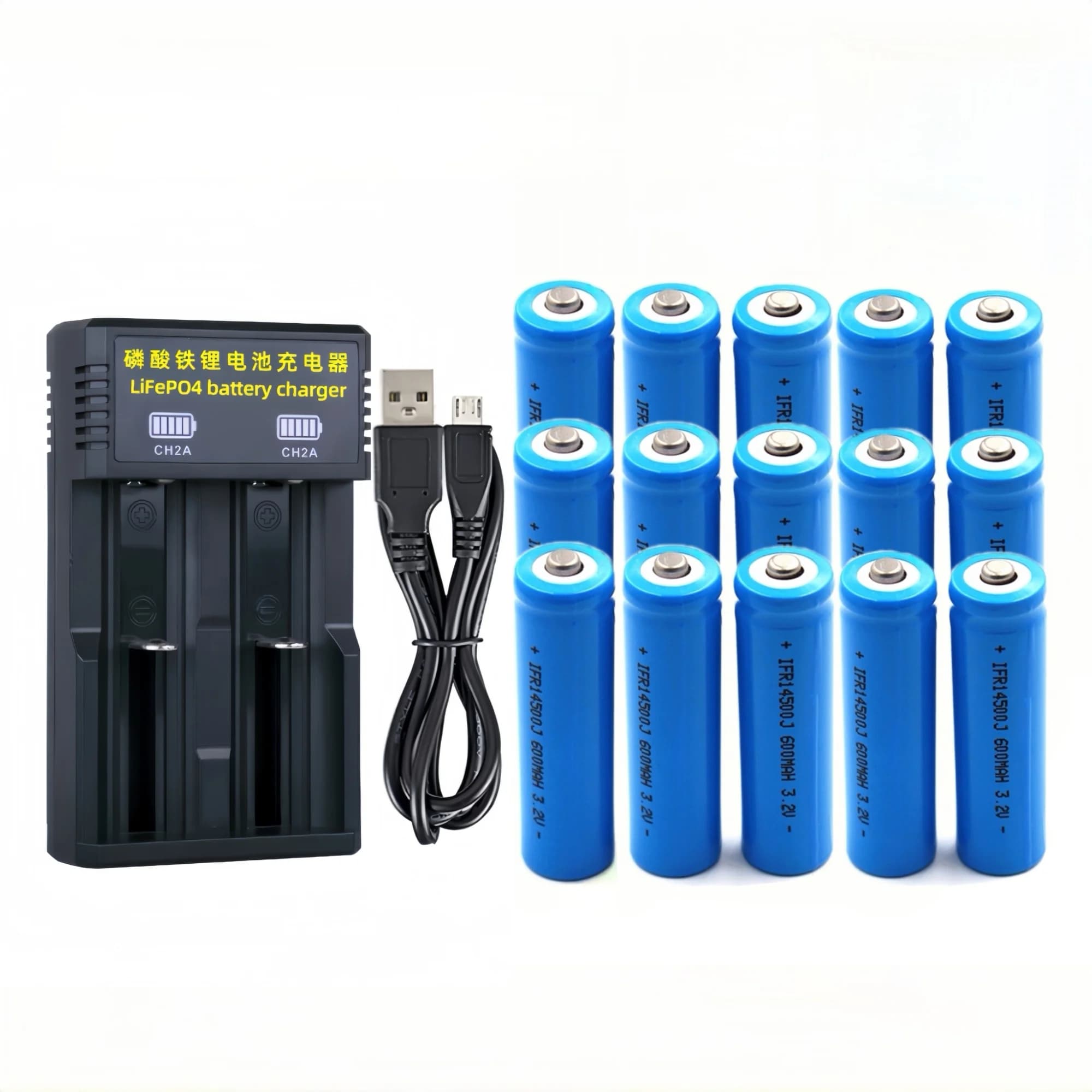 Set di 15 Batterie LiFePO4 14500 3.2V 600mAh con Caricabatterie per Rasoio, Spazzolino Elettrico, Microfono, WC Intelligente, Campanello
