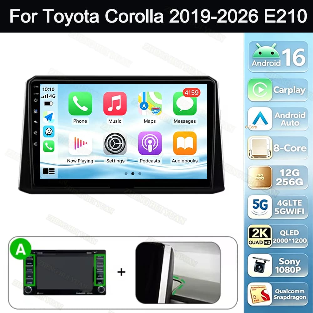Android 16 Carplay&Auto For Toyota Corolla 2019-2026 E210 Car Radio Navigation Multimedia Stereo Player BT QLED GPS WIFI 4G