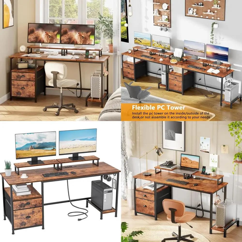 Rustic Brown 55 desk for home office with storage cabinet, 2 monitor holders and sockets