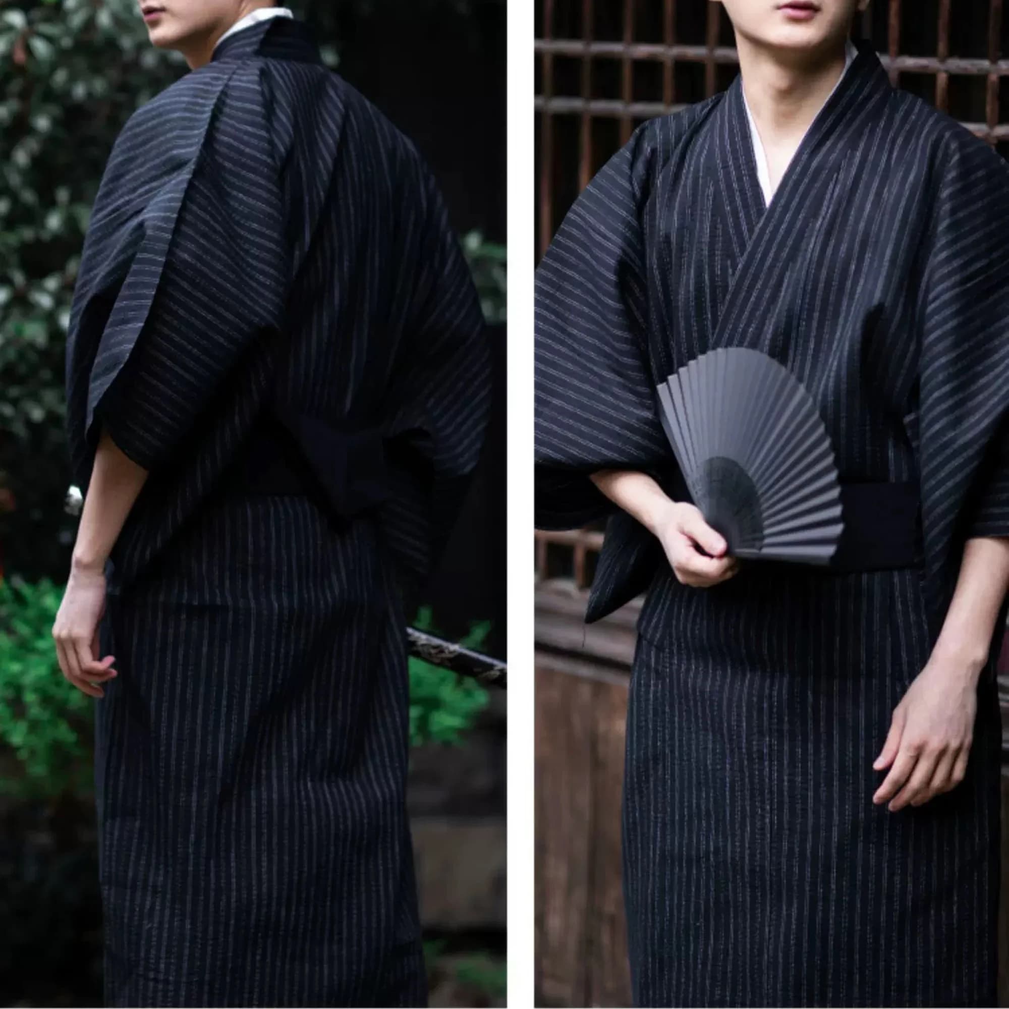 Nero Estate Navy Kimono tradizionale samurai giapponese per uomo Yukata Accappatoio Hekoobi Stile allentato Homewear Abito lungo in cotone