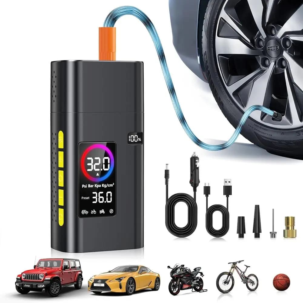 Compressore d'aria portatile, pompa da 26000 mAh per pneumatici auto, 5 in 1 con manometro digitale LCD/luce LED/power bank, bici, moto