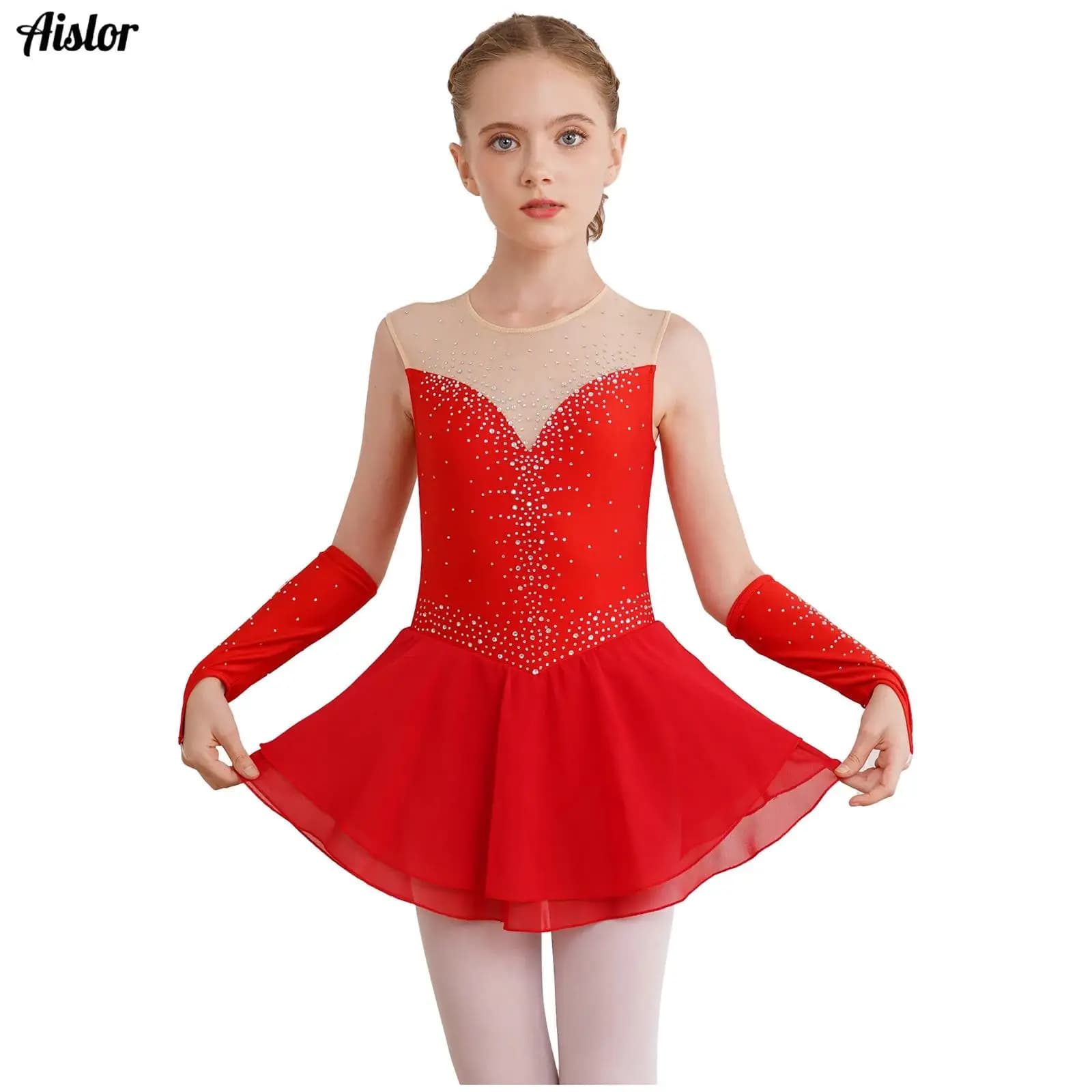 Vestito da pattinaggio su ghiaccio per bambina, balletto, danza, ginnastica, body, competizione, abbigliamento da ballo, abito con gonna in rete senza maniche in chiffon + guanti