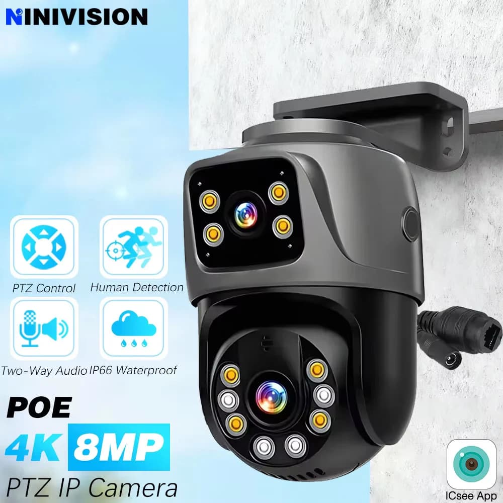 4K 8MP HD POE PTZ Telecamera Esterna 4MP Doppia Lente Doppio Schermo AI Rilevazione Umana Telecamera IP CCTV Audio Video Sorveglianza P2P iCSee
