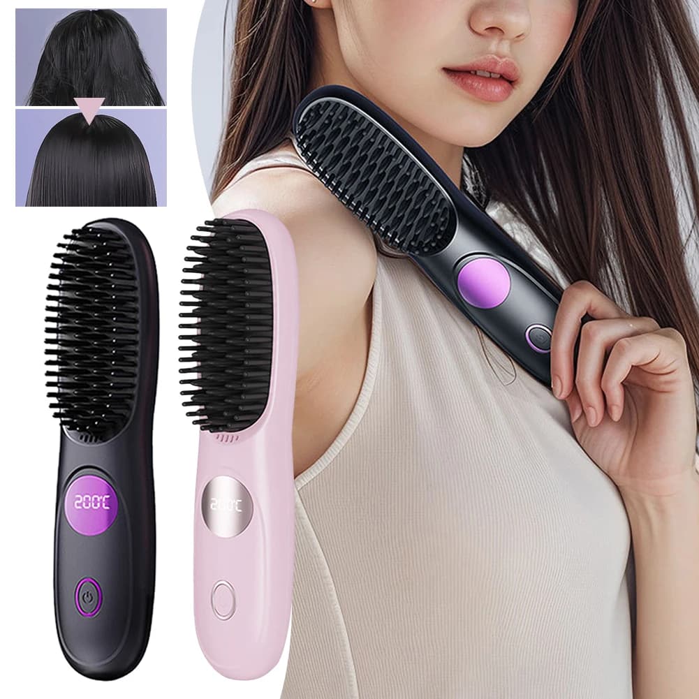 Hair smoothing comb, comb to smooth the heated hair with digital display, hair styling tool with rechargeable flat iron heater
