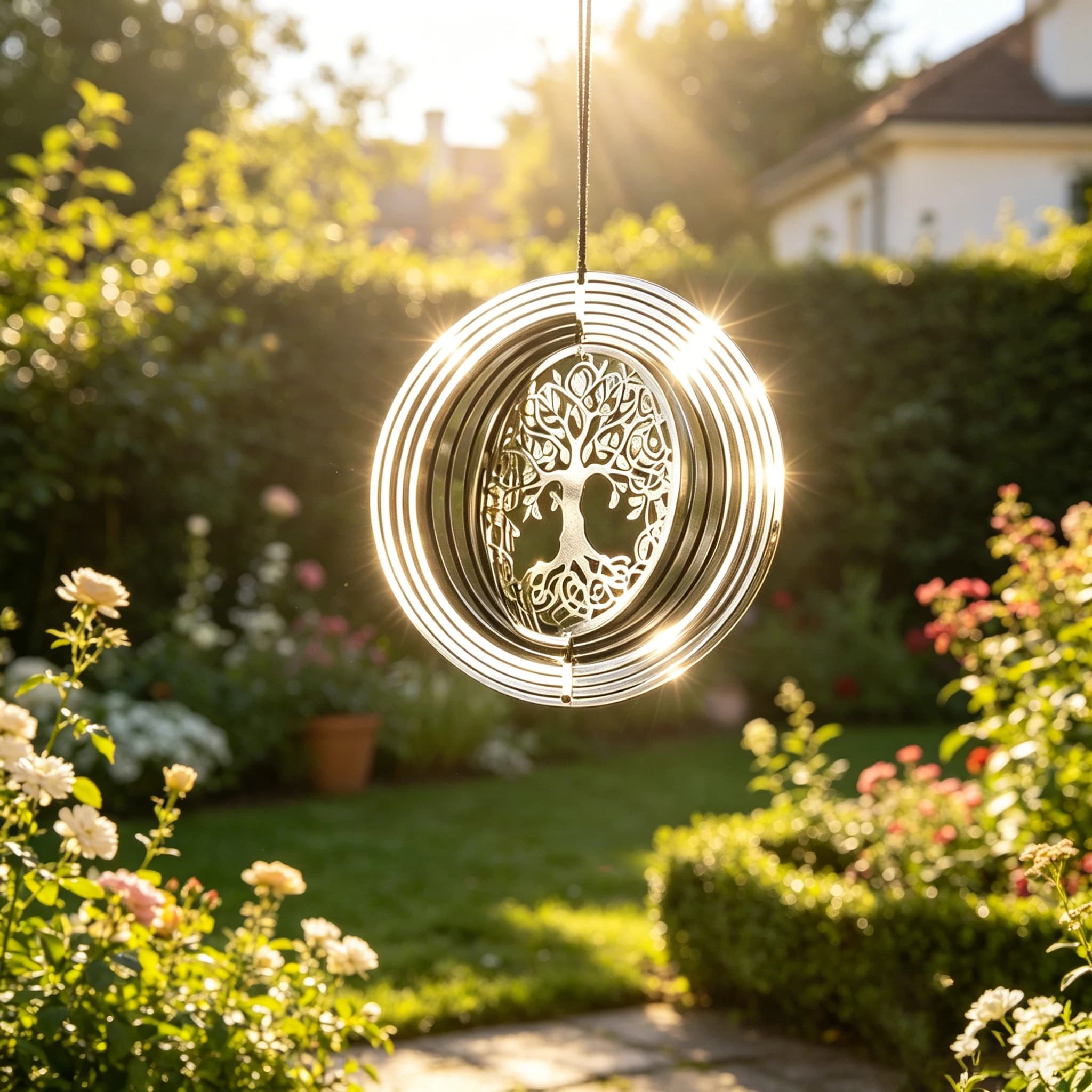 Tree Of Life Hollow Stainless Steel 3D Rotating Wind Spinner Multi Layer Metal Wind Chime Garden Window Light Hanging Ornament