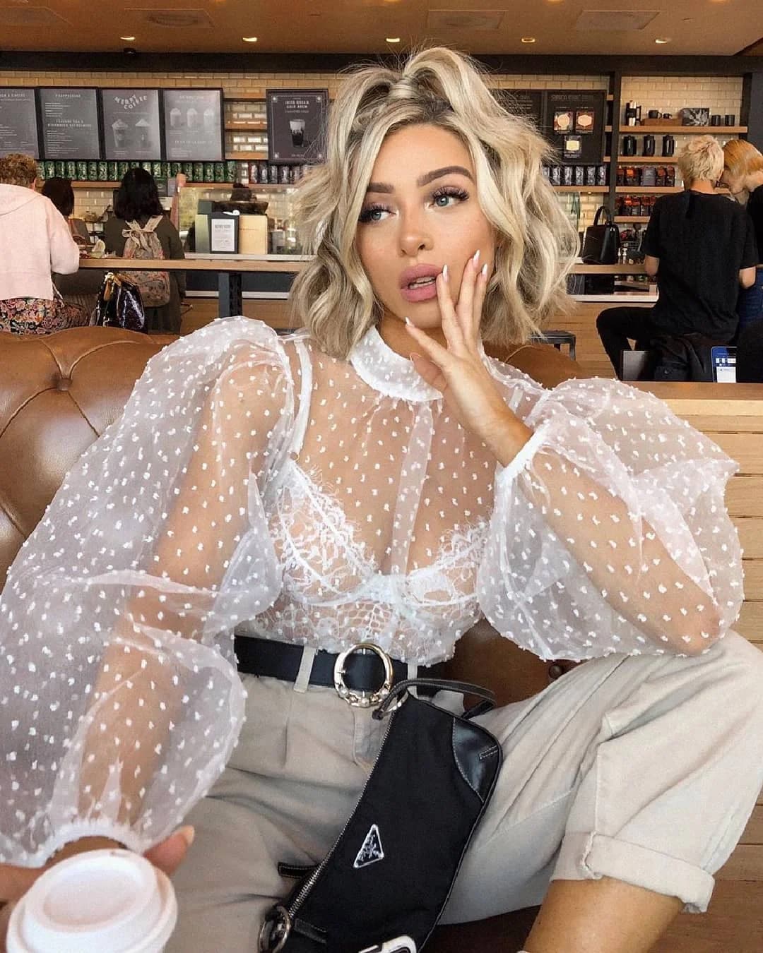 Bluoses a pois da donna, camicia trasparente a maniche lunghe con collo alto e sbuffo, top streetwear