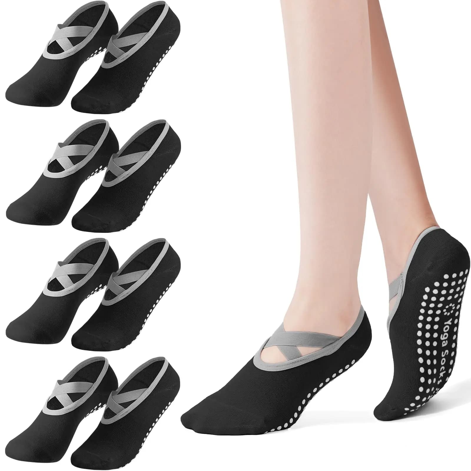 Pack of 4 socks from pilates for women, non-slip yoga socks, socks with strong grip, suitable for ballet, dance, exercises and hospital