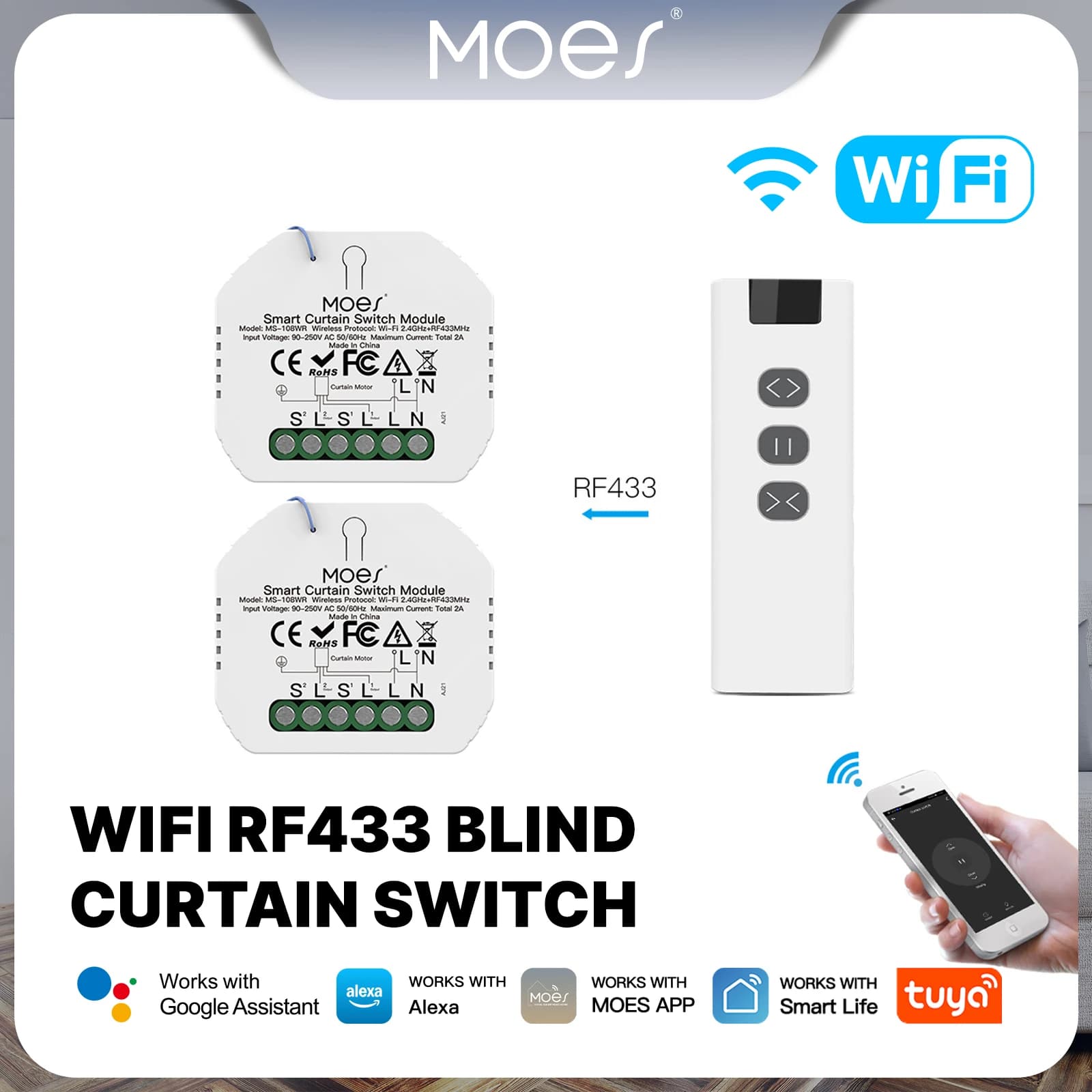 Modulo di controllo per tapparelle e tende a rullo MOES Tuya WiFi RF con telecomando per motore elettrico, compatibile con Google Home e Alexa