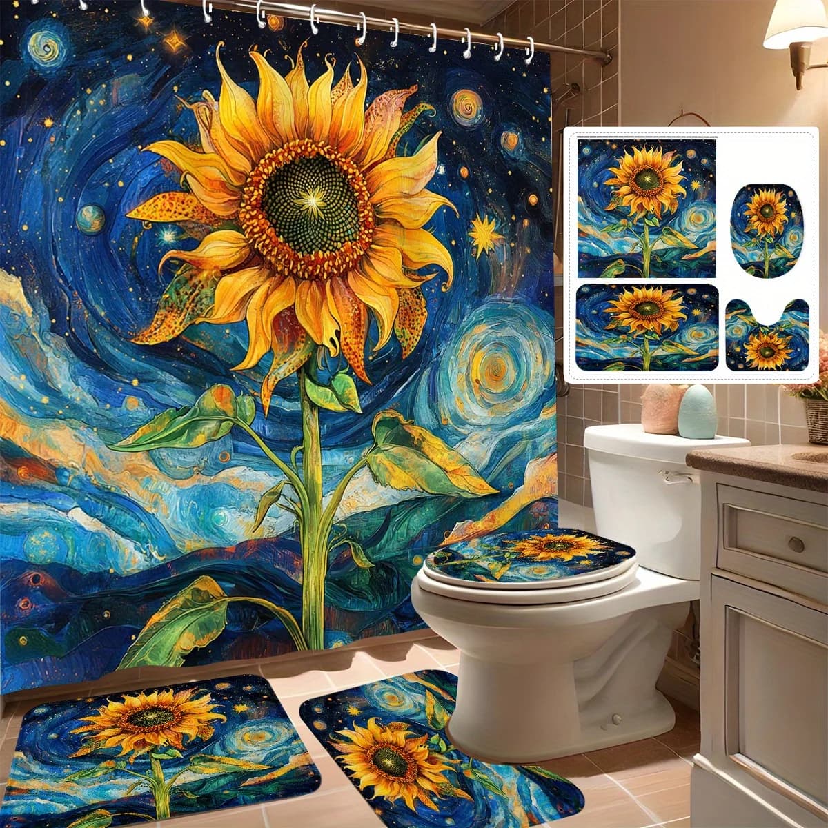 Set di tende da doccia da 4 pezzi, design di girasole stellato da sogno: arredamento moderno per il bagno con 12 ganci, tappetino antiscivolo e toile a forma di U