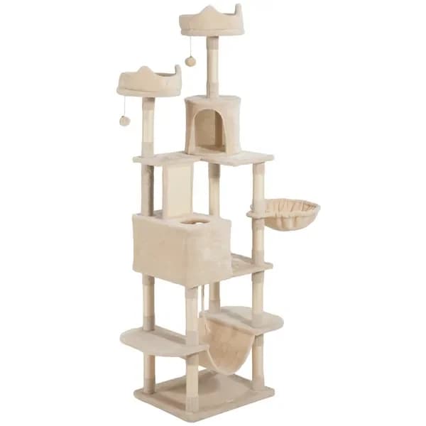 81' large cat tree with scratching, ducts, beds, hammocks, jumping platforms, toy balls, rope cat toy, beige