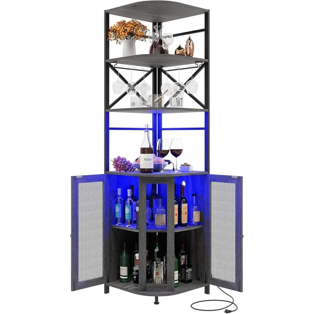 Mobile Bar per Vini a 6 Ripiani con Illuminazione LED, Presa di Corrente e Portabicchieri