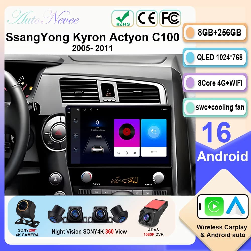 Android 16 Per SsangYong Kyron Actyon 2005 - 2013 RHD LHD Auto Radio Lettore Multimediale Navigazione GPS Touch Screen Unità Principale DVD