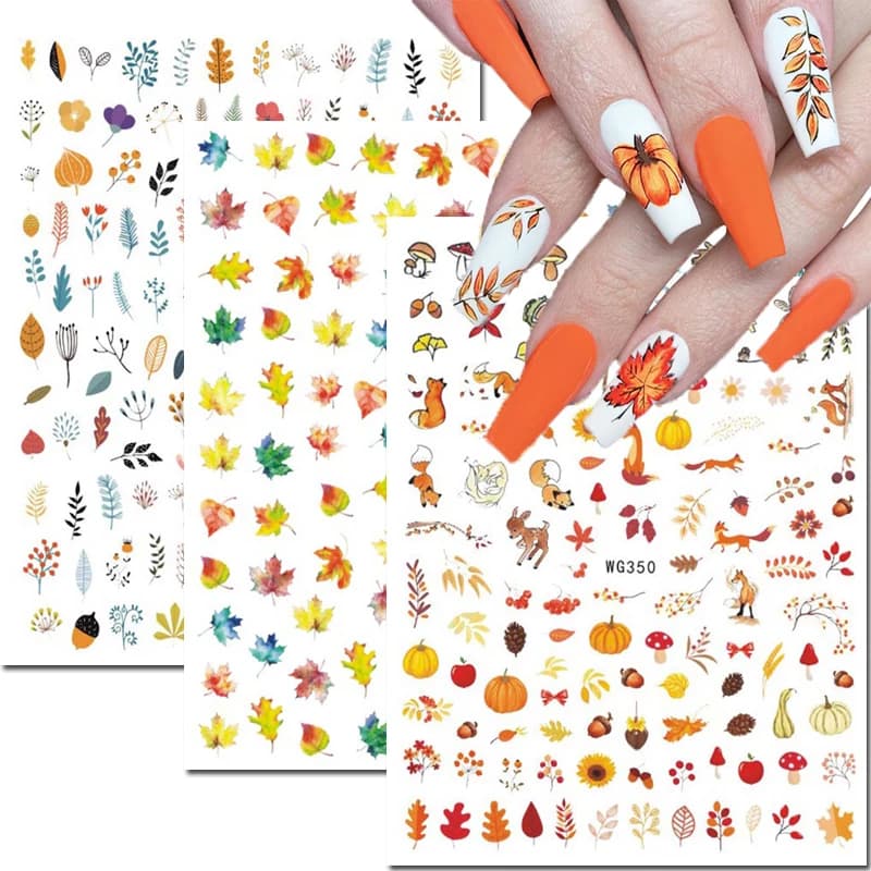 3d Nail Art Decals Autumn Halloween Pine Fruit Maple Leaf Pumpkin Adhesive Sliders Nail Stickers Decoration For Nail Tips Beauty