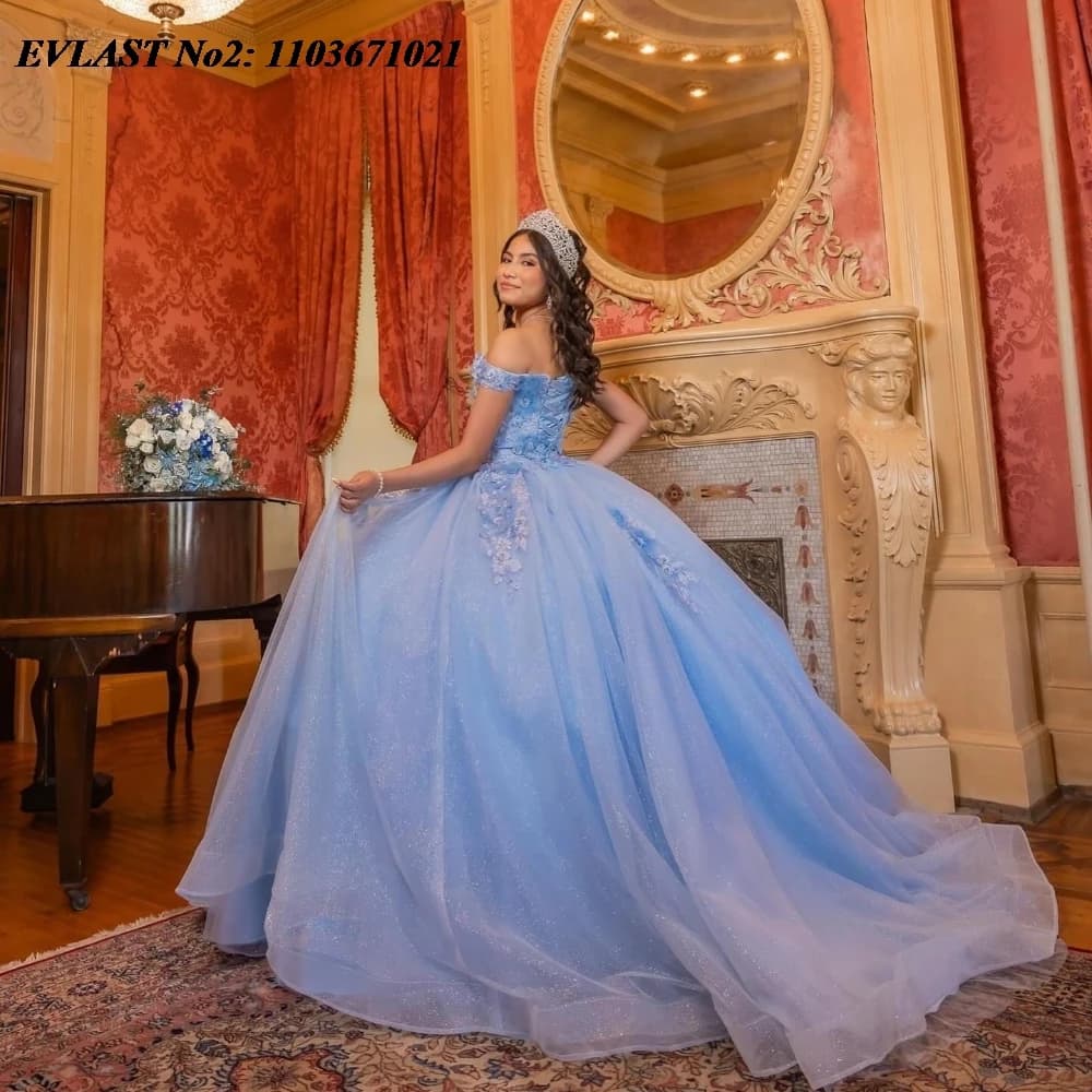 EVLAST Personalizzato Cielo Blu Abito Quinceanera Abito di Sfera Applique di Pizzo Che Borda Tulle Corsetto Dolce 16 Abiti Da 15 Anos E2Q08