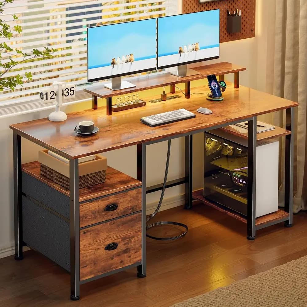 Rustic Brown 51 Reversible Desk with Power Outlet, LED Lights, Storage Cabinet & Monitor Stand