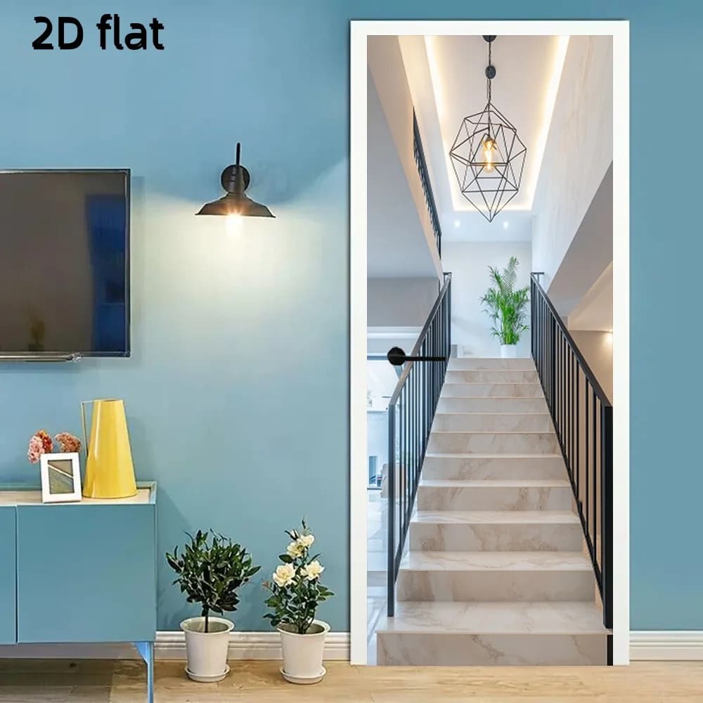 1 pair of self-adhesive door wall stickers - traditional fantasy marble staircase and potted plant design, black railing pattern