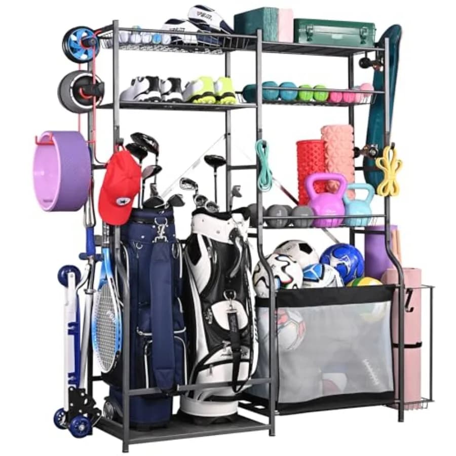 Porta Palline da Golf Extra Large, Organizzatore per Garage, per Sacche da Golf e Altre Attrezzature Sportive, Struttura in Metallo Resistente con Scomparti Multipli