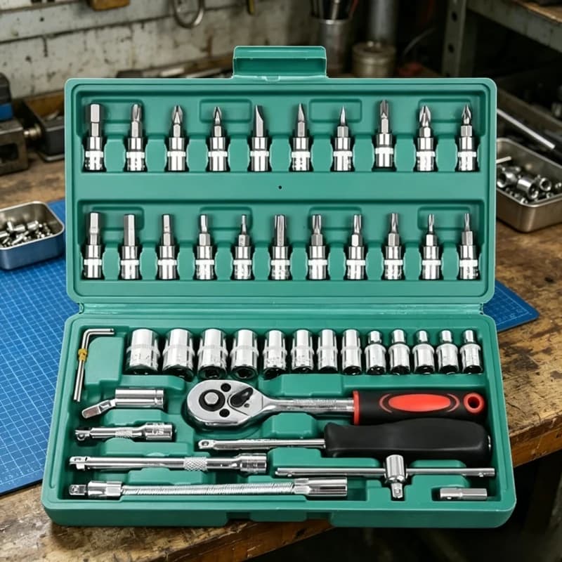 46Pcs 1/4 Inch Socket Tool Kit, Green Ratchet Wrench Combo, Durable Auto Repair Set for Car Household Mechanic Work