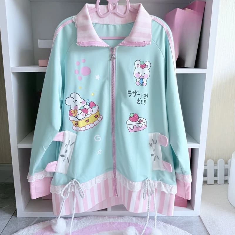 Felpa con cappuccio con stampa simpatico cartone animato giapponese Kawaii stile preppy ELace Patchwork felpe Grunge Y2k felpa con cappuccio allentata con fasciatura estetica