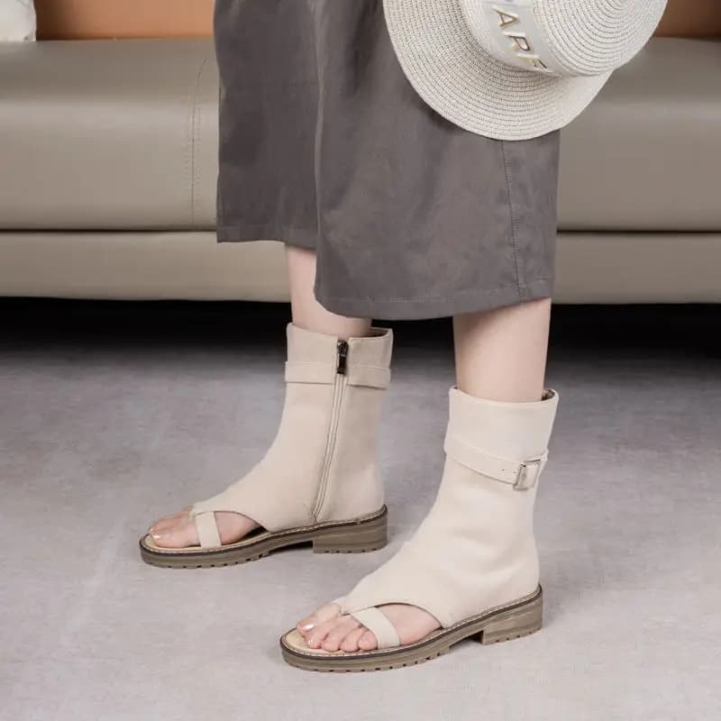 Girseaby Fashion Women Sandals Clip Toe Flock Suede Flats Zipper Belt Buckle Mid Calf Daily Shoes Big Size 46 47 48 Roman Styes