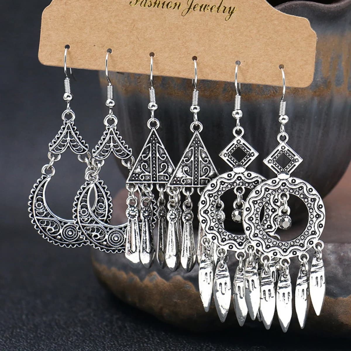 3Pairs/Set Boho Antique Silver Color Waterdrop Round Tassel Drop Earrings For Women Men Ethnic Geometric Leaf Earrings Jewelry