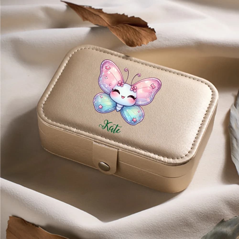 1 custom jewelry box with name, pink and blue butterfly pattern, custom name necklace, zipper jewelry