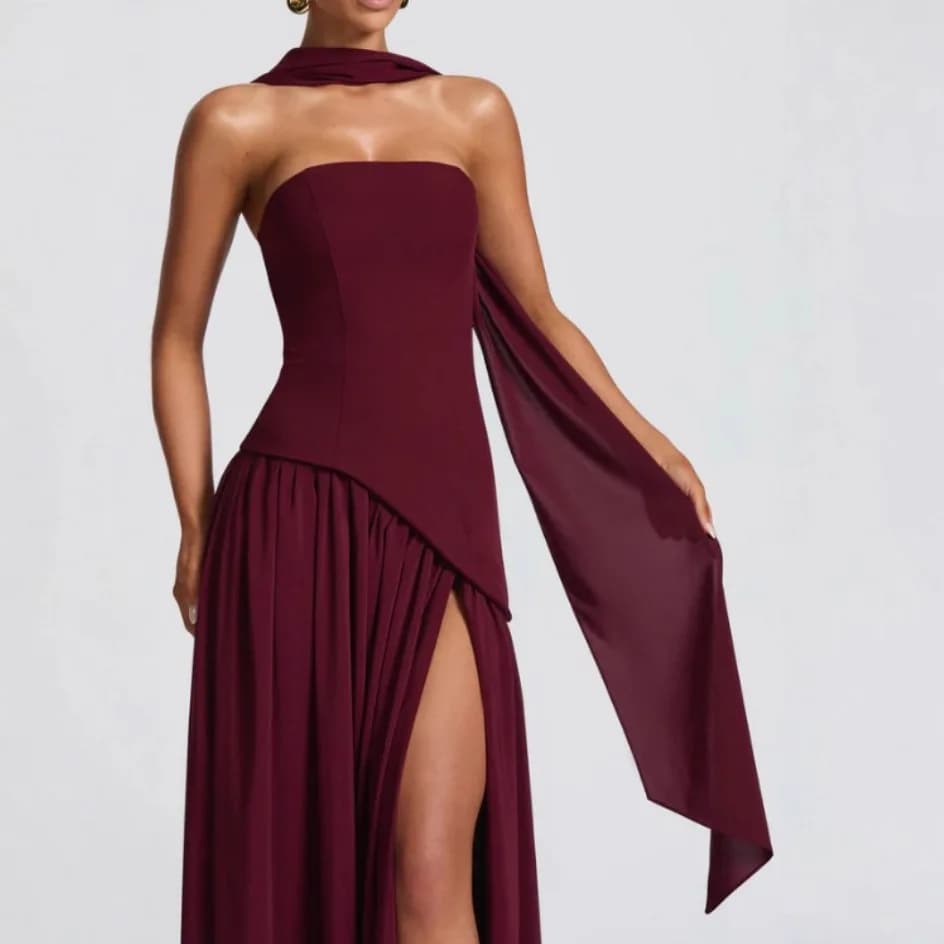 Elegant Strapless Sexy Maxi Dress Women Gown Scarf Collar Bandage Backless High Split Club Party Evening Long Dress