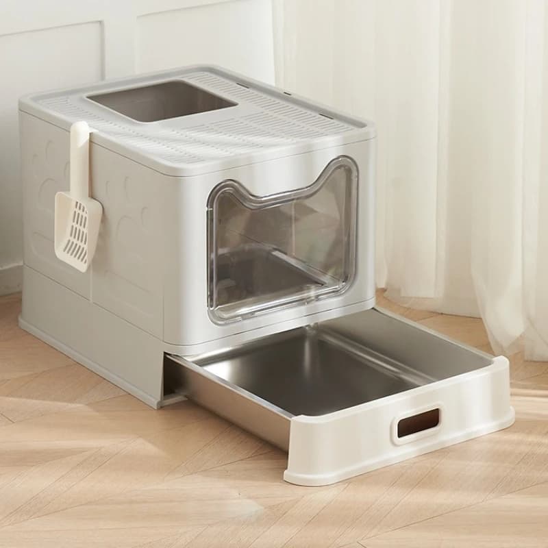 Stainless Steel Enclosed Cat Litter Box, Flip-Top Anti-Splash Toilet for Indoor Cats, Large Space Odor-Proof Kitty Tray Use