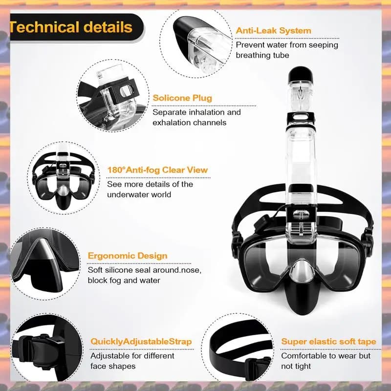 ABML Snorkel Foldable underwater cover with Dry Top system and camera support, professional snorkeling equipment for children