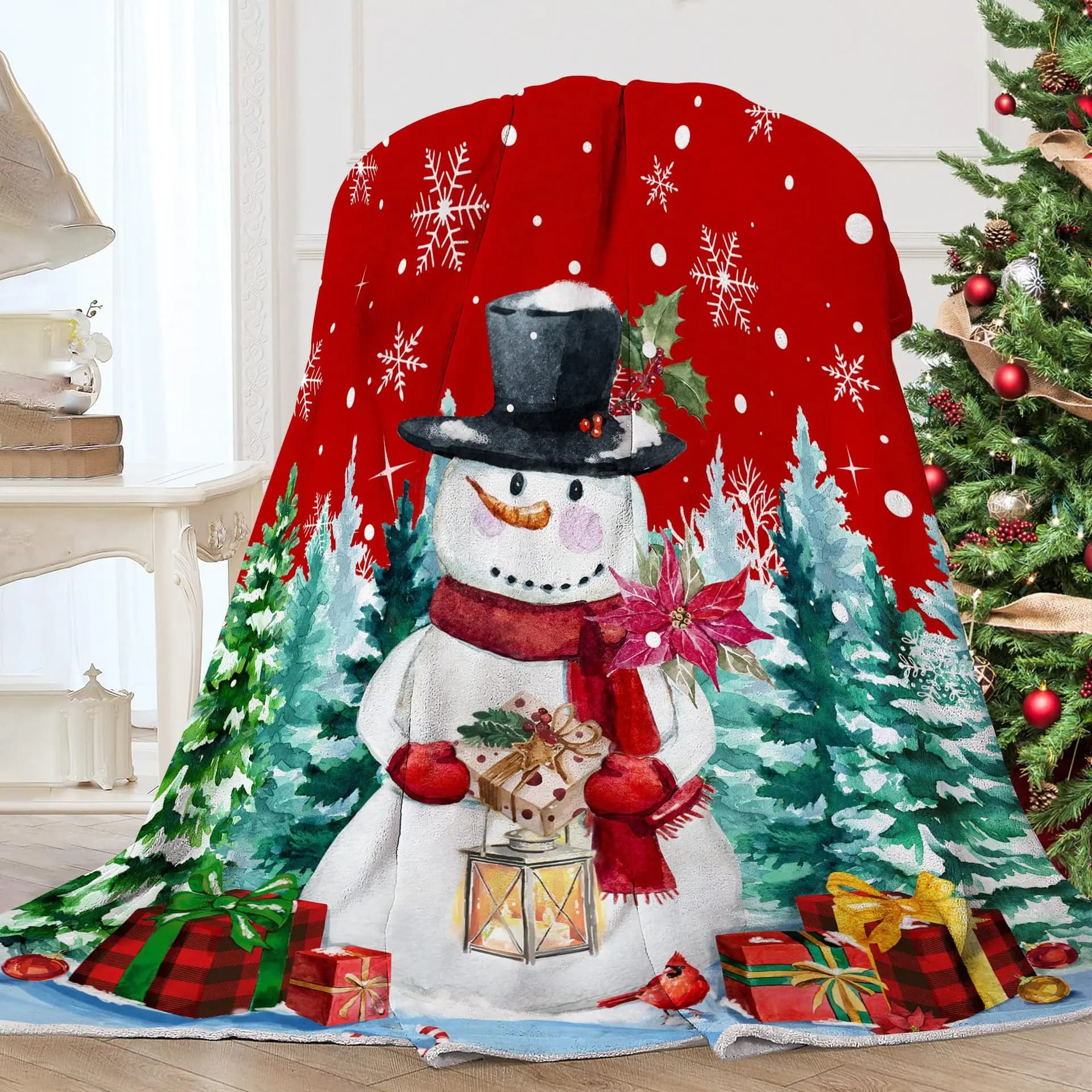 Coperta di copertura in flanella di velluto per camera da letto in poliestere stampato digitale serie pupazzo di neve di Natale Coperte morbide per divani in pile per letti